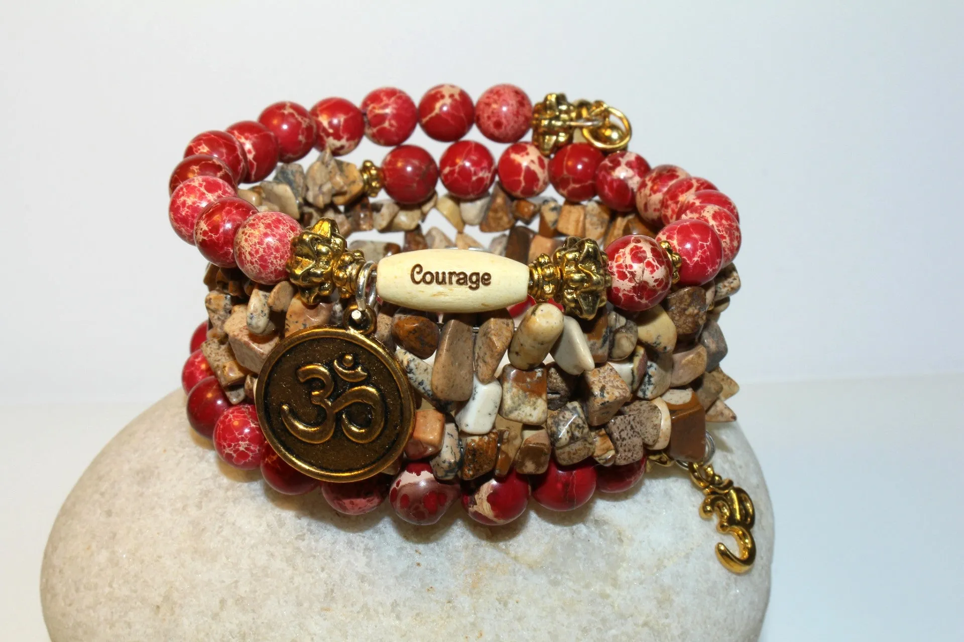 Red Imperial And Picture Jasper Gemstone, Om Charms Cuff Wrap Bracelet And Earrings Set