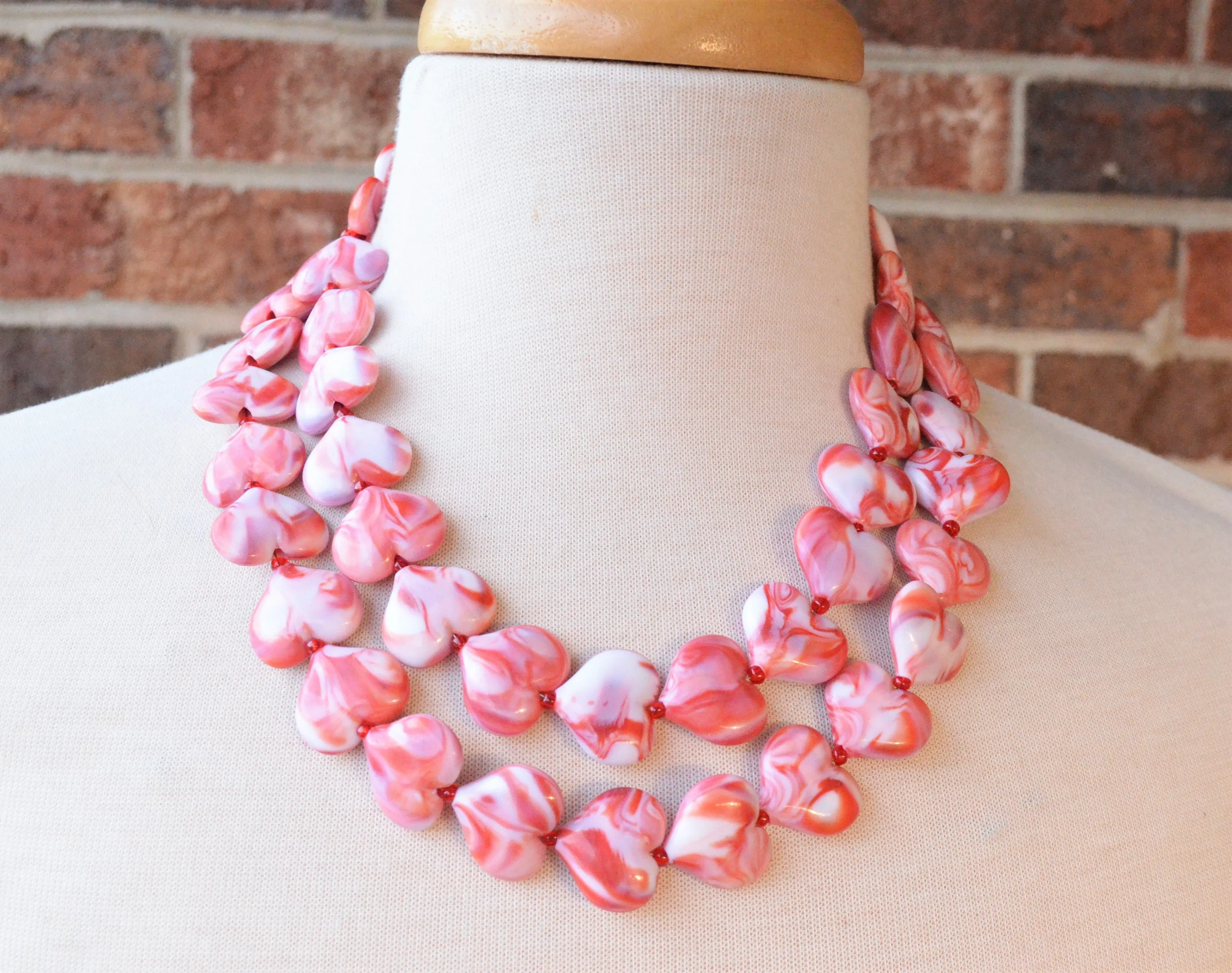 Red White Heart Acrylic Beaded Chunky Multi Strand Statement Necklace