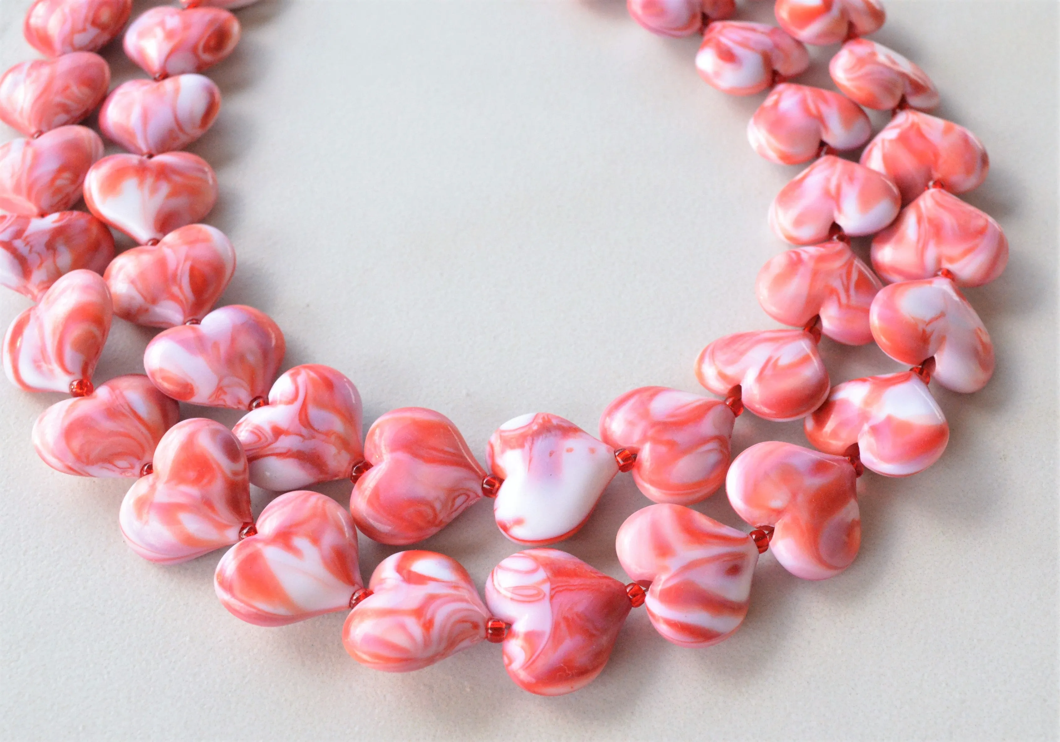 Red White Heart Acrylic Beaded Chunky Multi Strand Statement Necklace