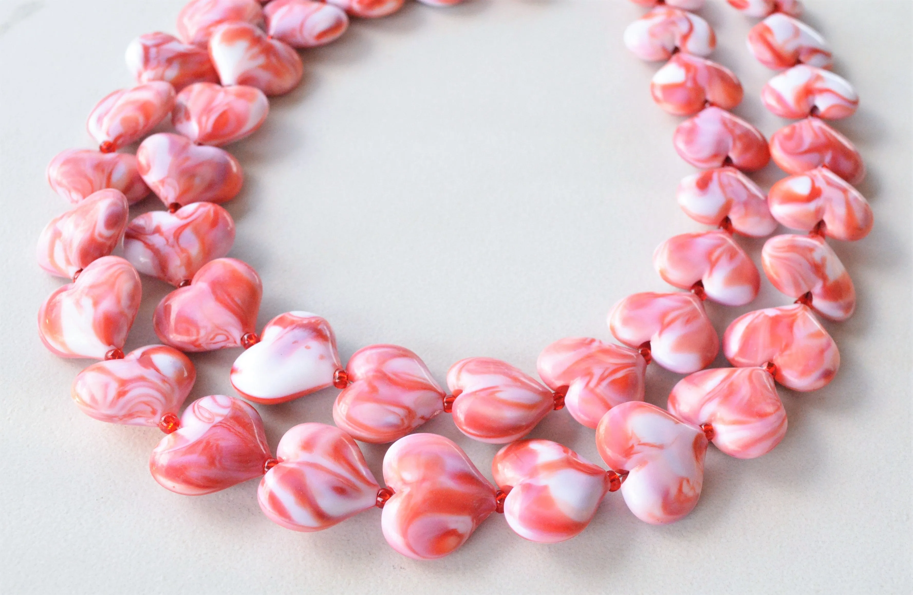 Red White Heart Acrylic Beaded Chunky Multi Strand Statement Necklace