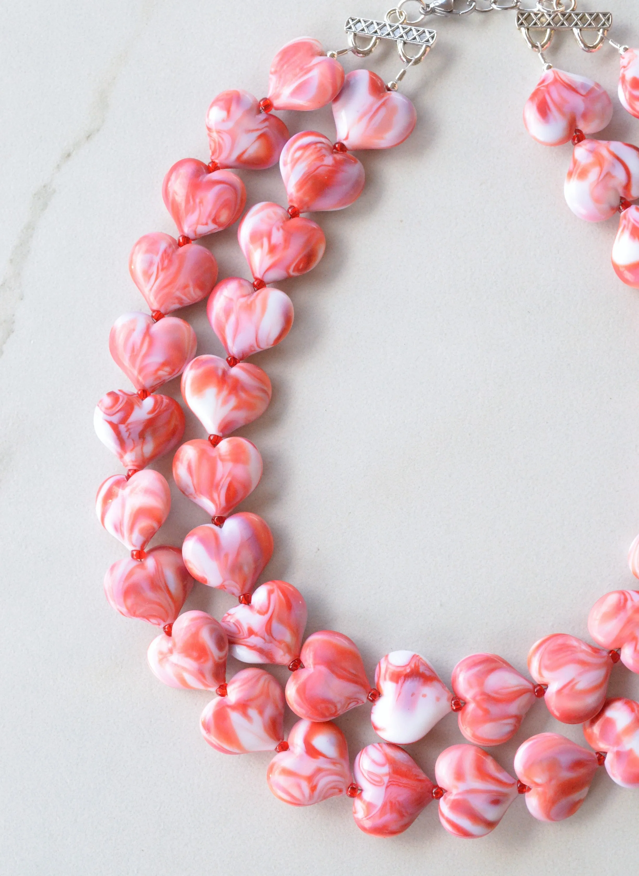 Red White Heart Acrylic Beaded Chunky Multi Strand Statement Necklace