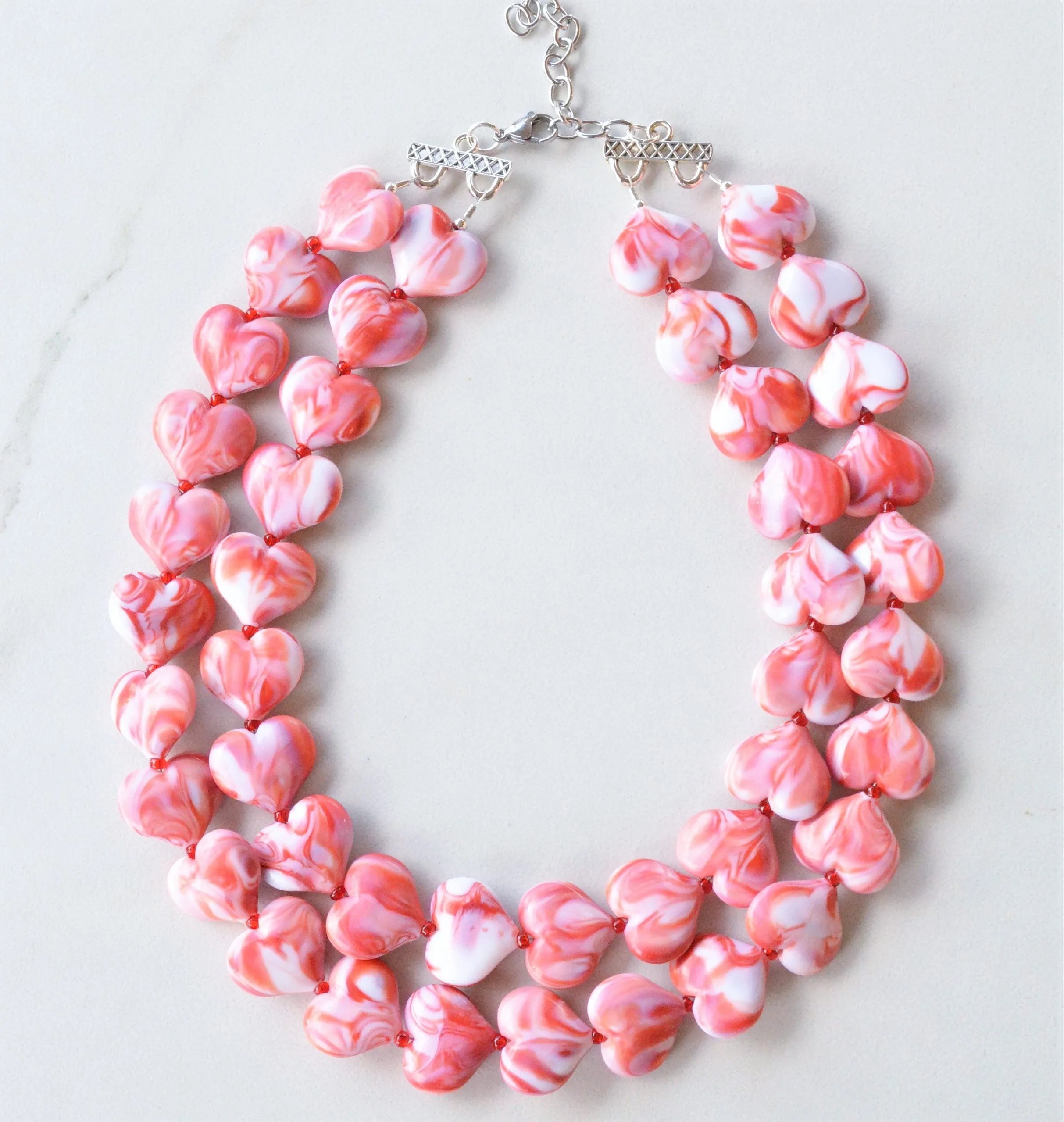 Red White Heart Acrylic Beaded Chunky Multi Strand Statement Necklace