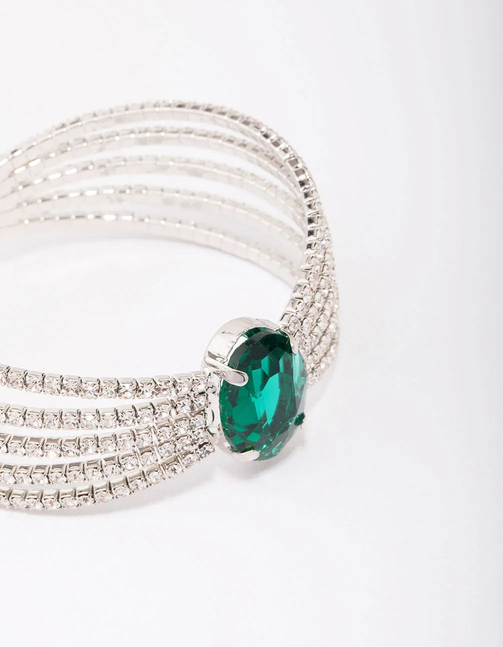 Rhodium Diamante Emerald Open Wrist Cuff