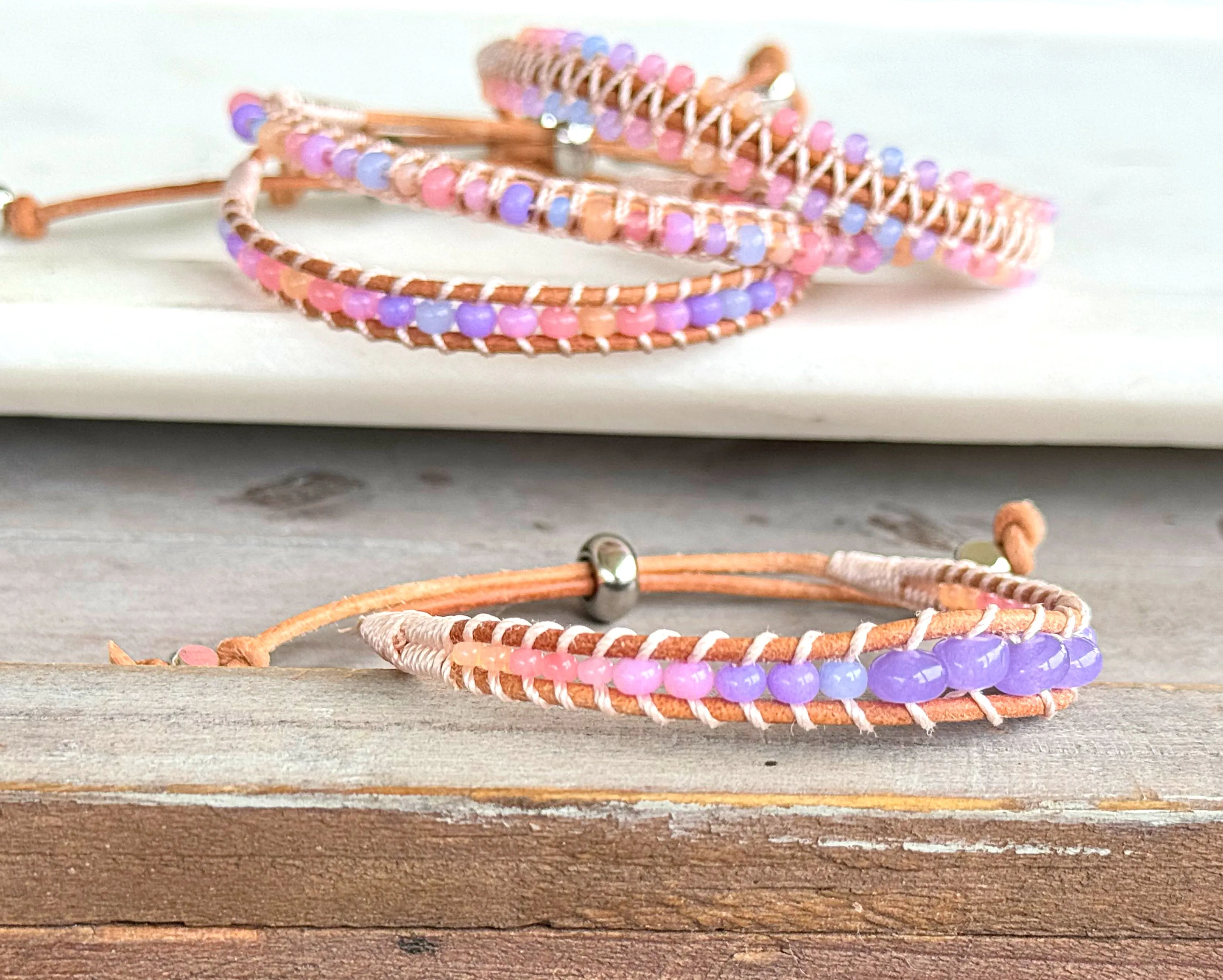 Rose Opal Sunset Beaded Macrame Adjustable Leather Bracelet Set