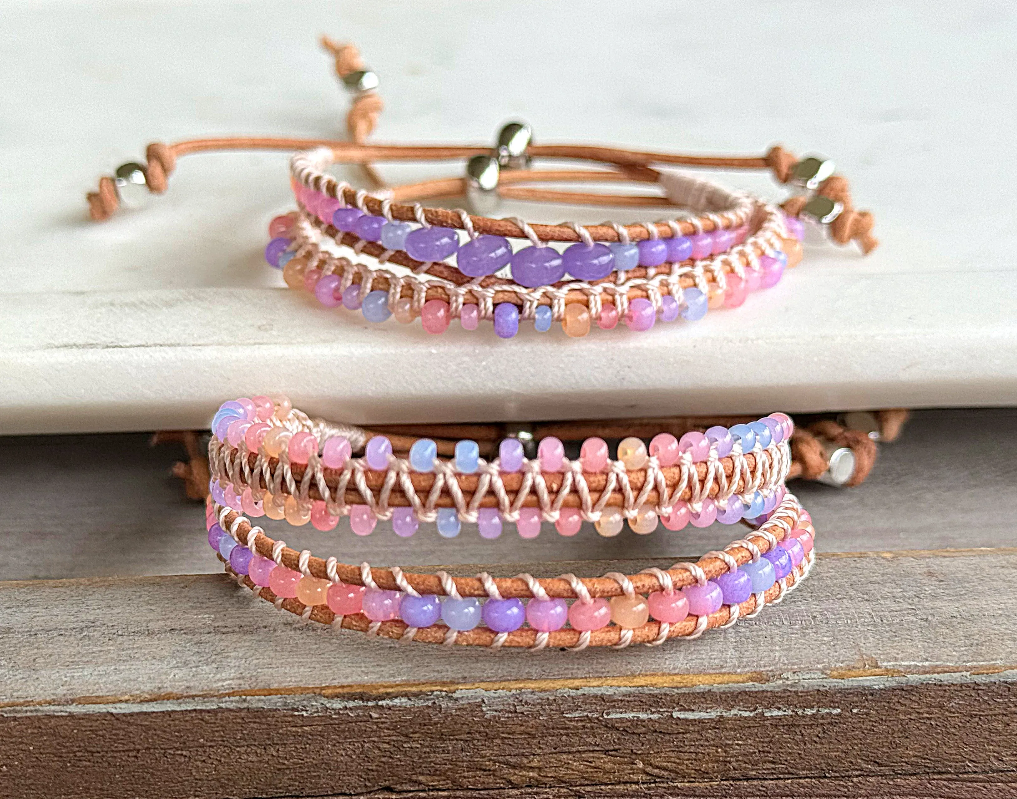 Rose Opal Sunset Beaded Macrame Adjustable Leather Bracelet Set