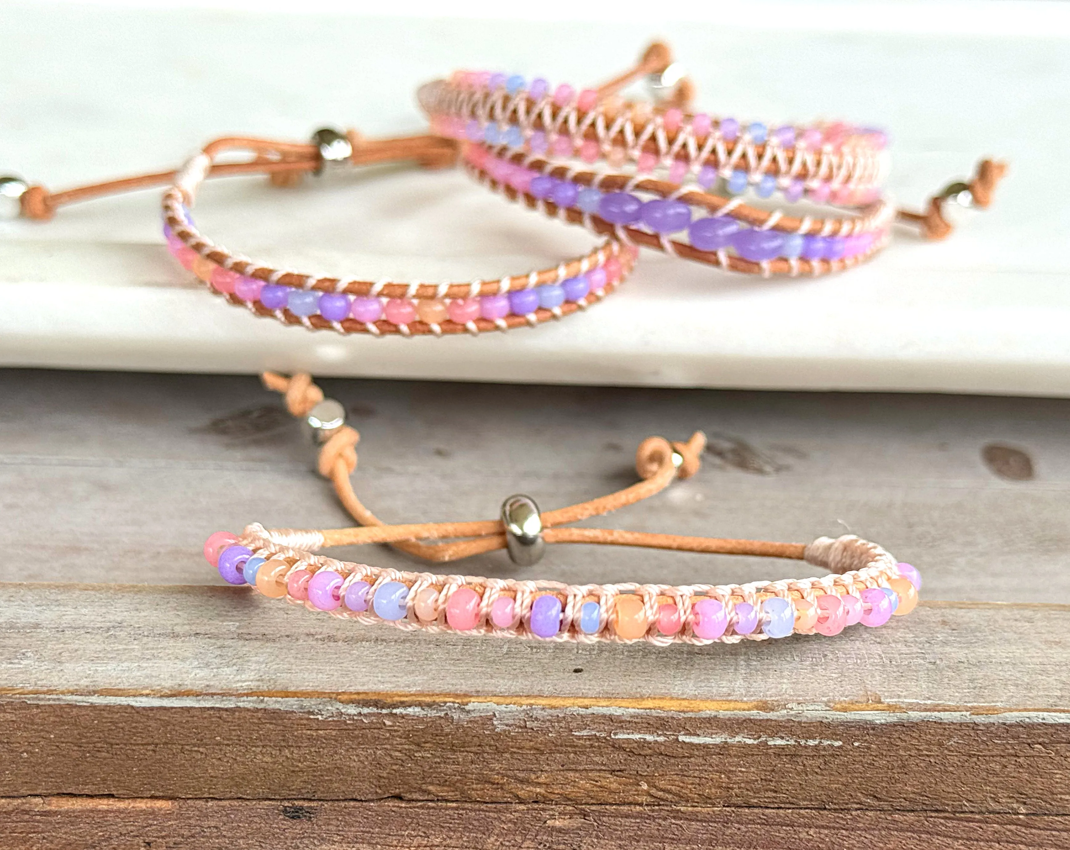 Rose Opal Sunset Beaded Macrame Adjustable Leather Bracelet Set