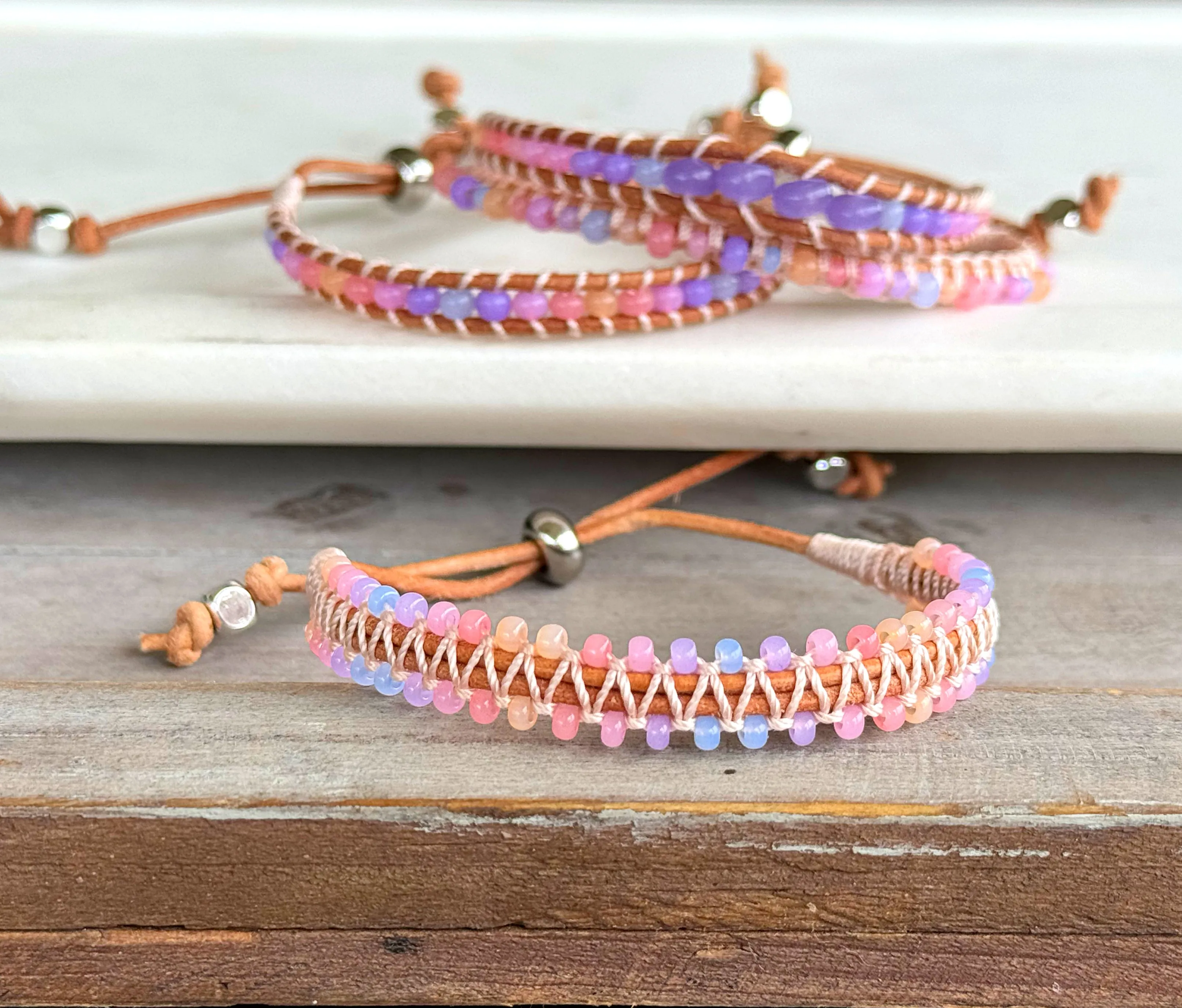 Rose Opal Sunset Beaded Macrame Adjustable Leather Bracelet Set