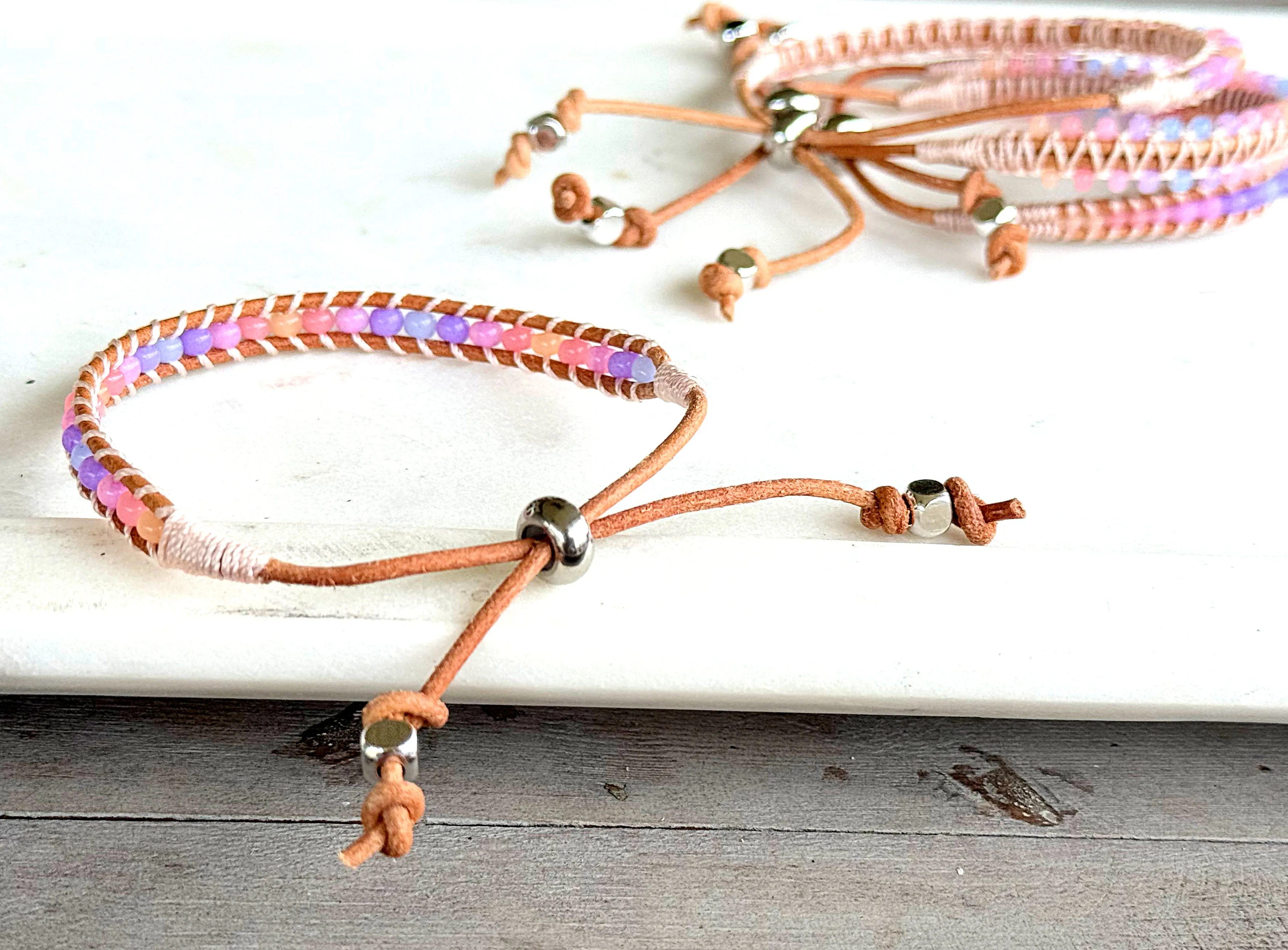 Rose Opal Sunset Beaded Macrame Adjustable Leather Bracelet Set