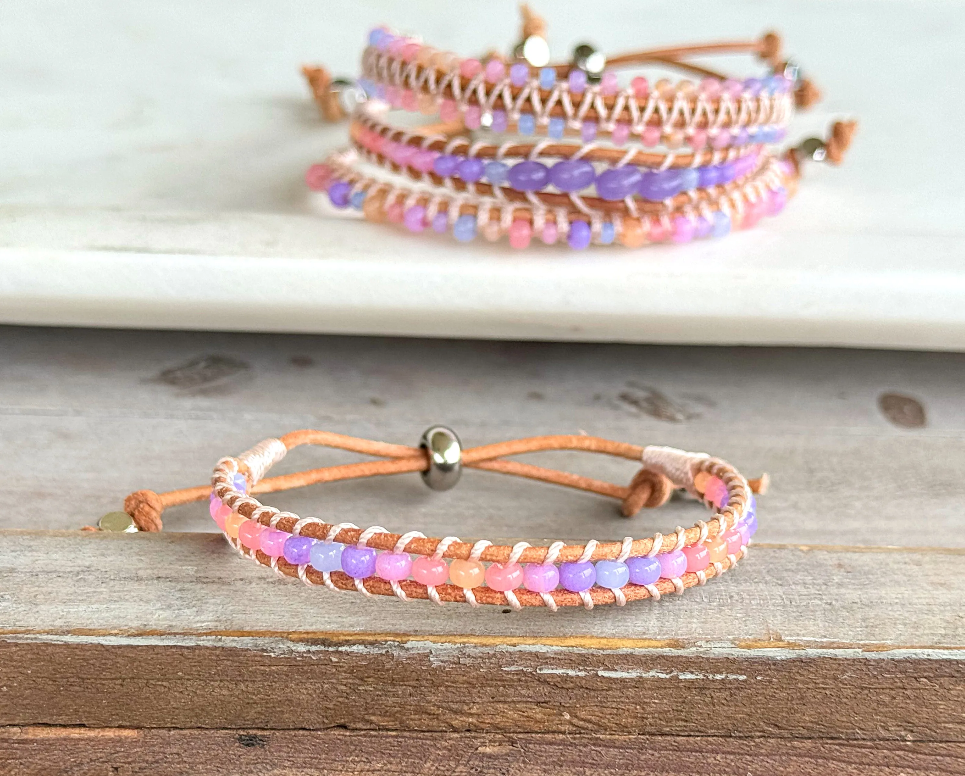 Rose Opal Sunset Beaded Macrame Adjustable Leather Bracelet Set