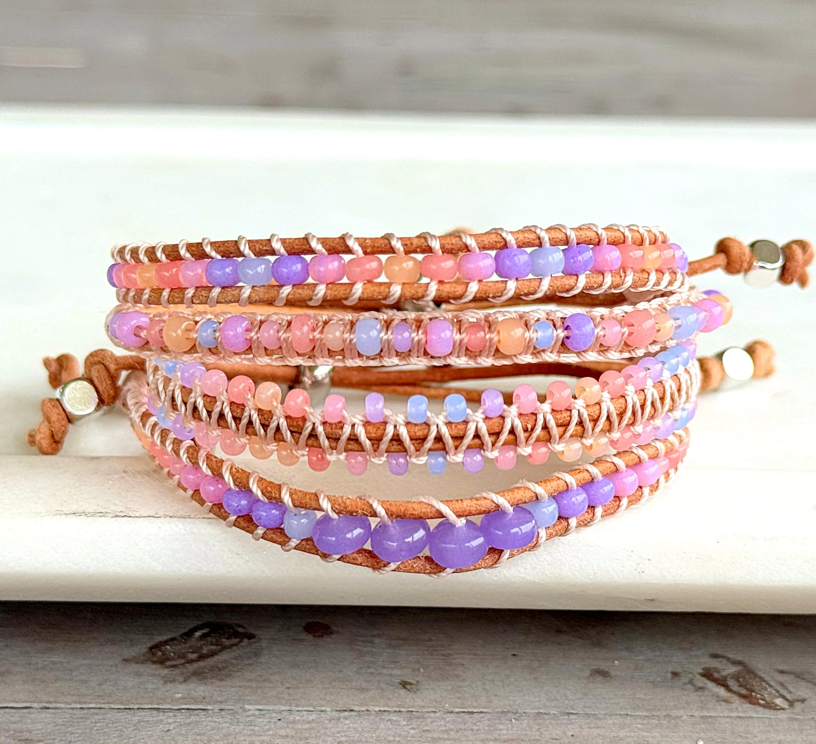 Rose Opal Sunset Beaded Macrame Adjustable Leather Bracelet Set