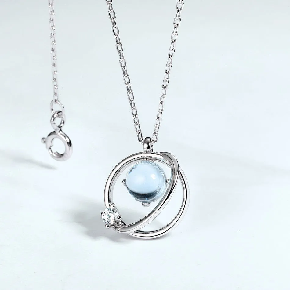 Round Blue Topaz Planet Pendant Sterling Silver Necklace