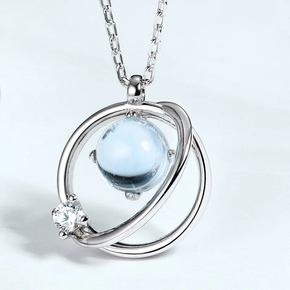 Round Blue Topaz Planet Pendant Sterling Silver Necklace