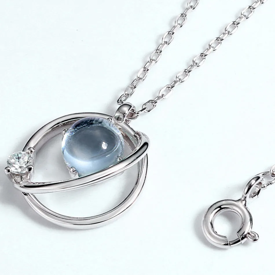 Round Blue Topaz Planet Pendant Sterling Silver Necklace