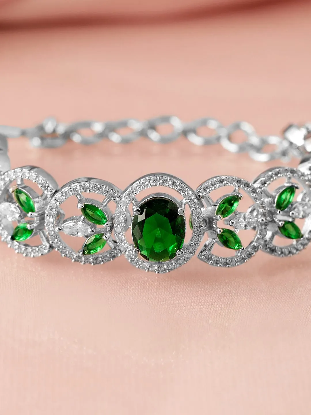 Rubans Silver-Plated Emerald Green & Cubic Zirconia Studded Premium Bracelet