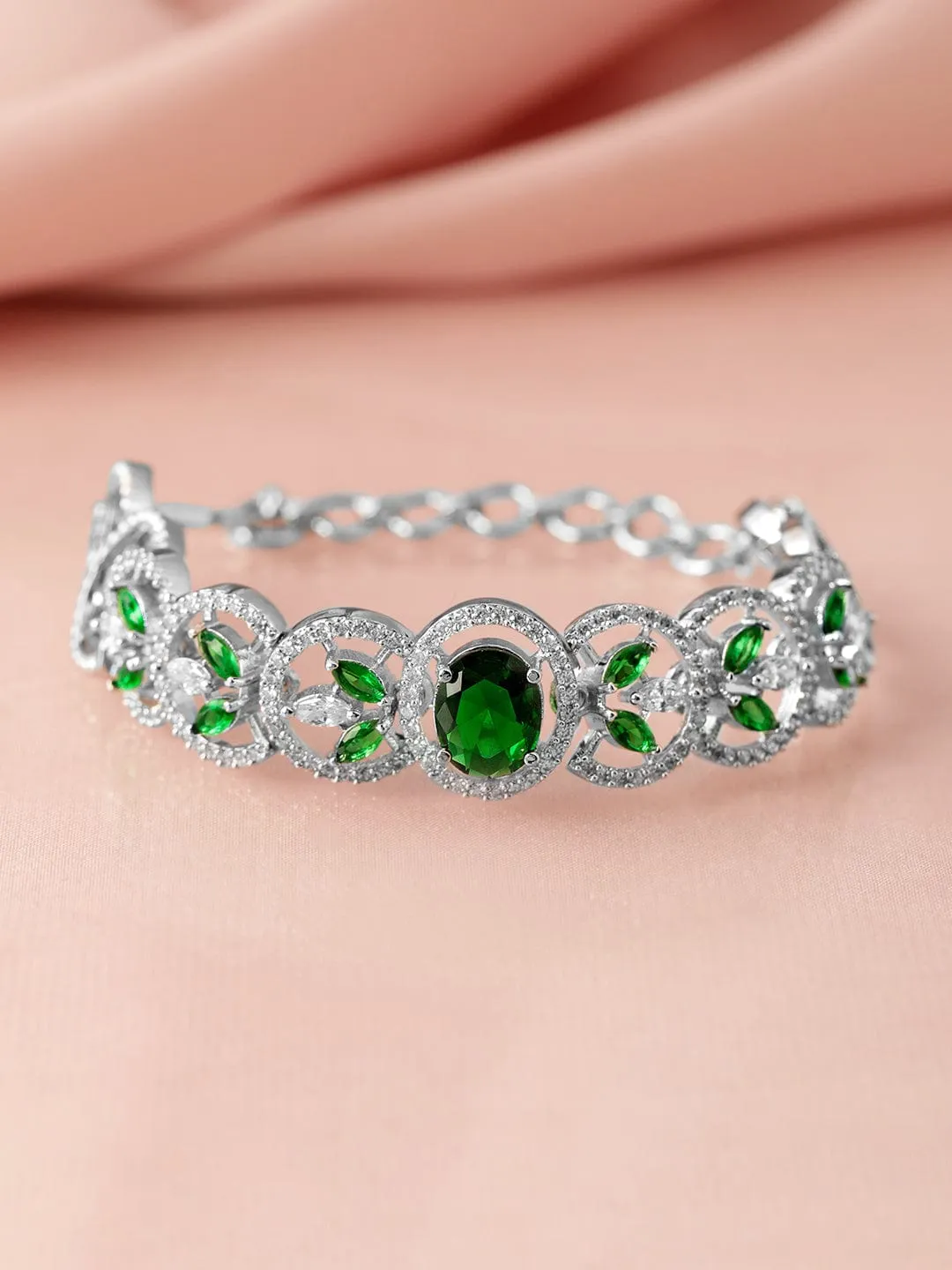 Rubans Silver-Plated Emerald Green & Cubic Zirconia Studded Premium Bracelet