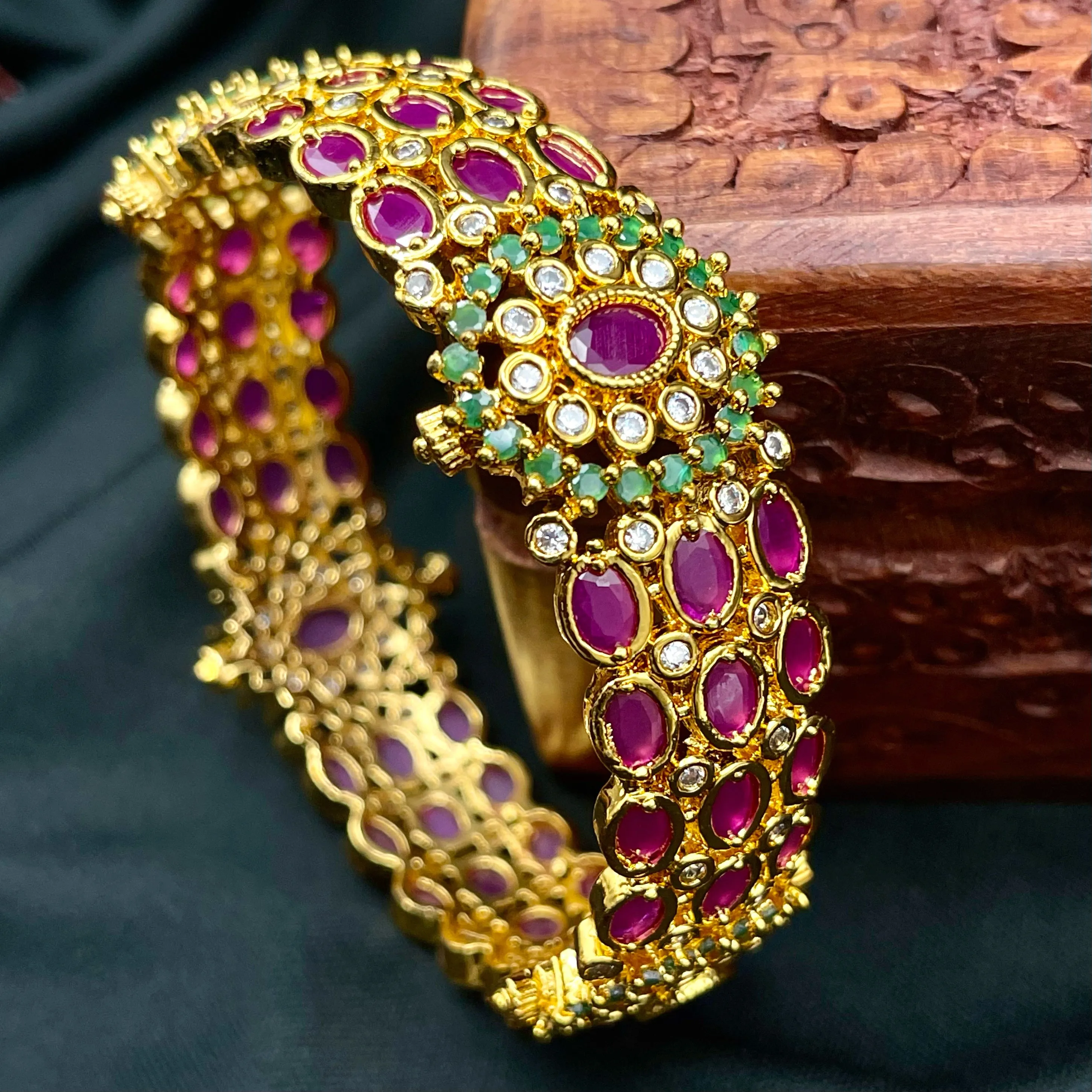 Ruby Emerald Green AD Zircon (CZ) Thick single Kada Bangle