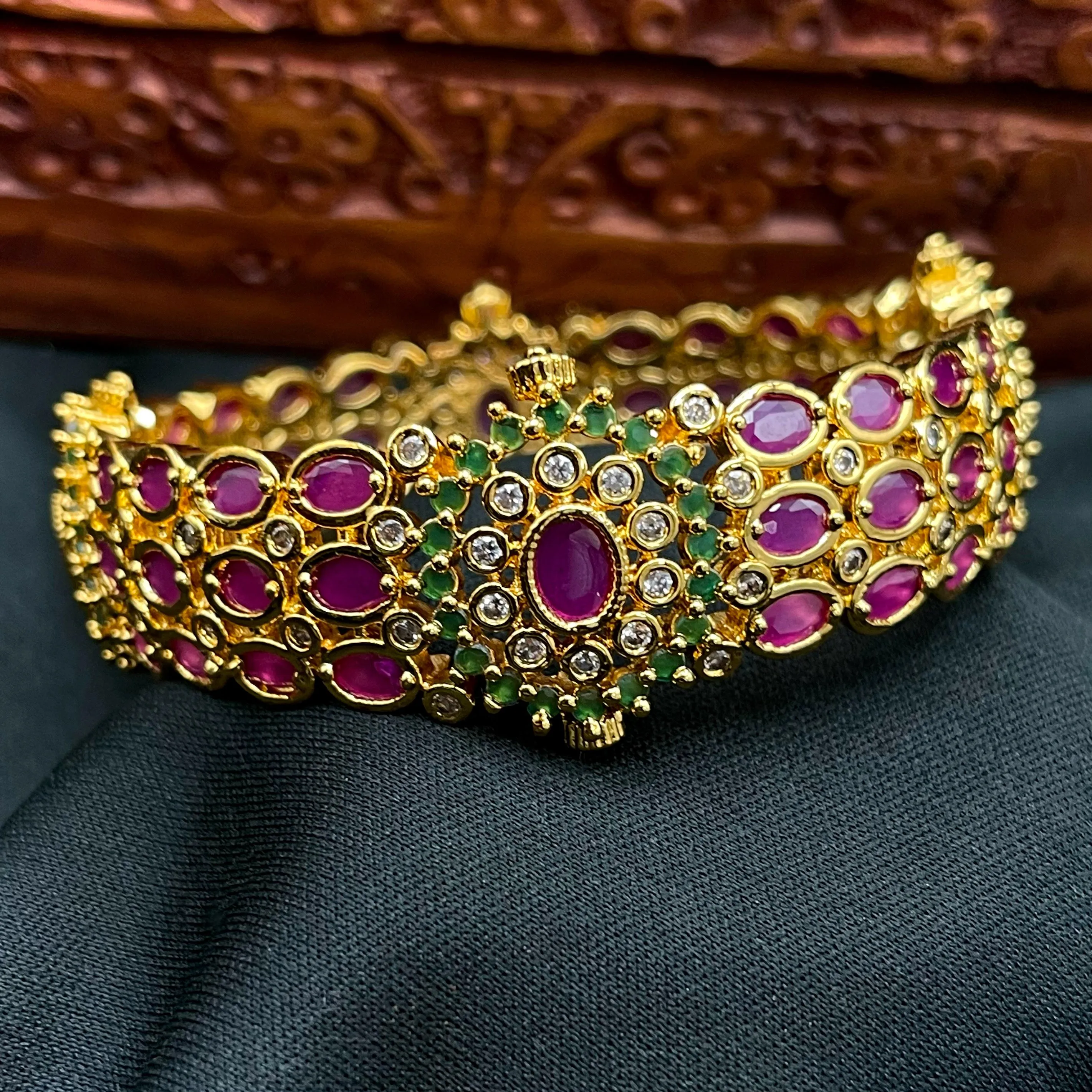 Ruby Emerald Green AD Zircon (CZ) Thick single Kada Bangle