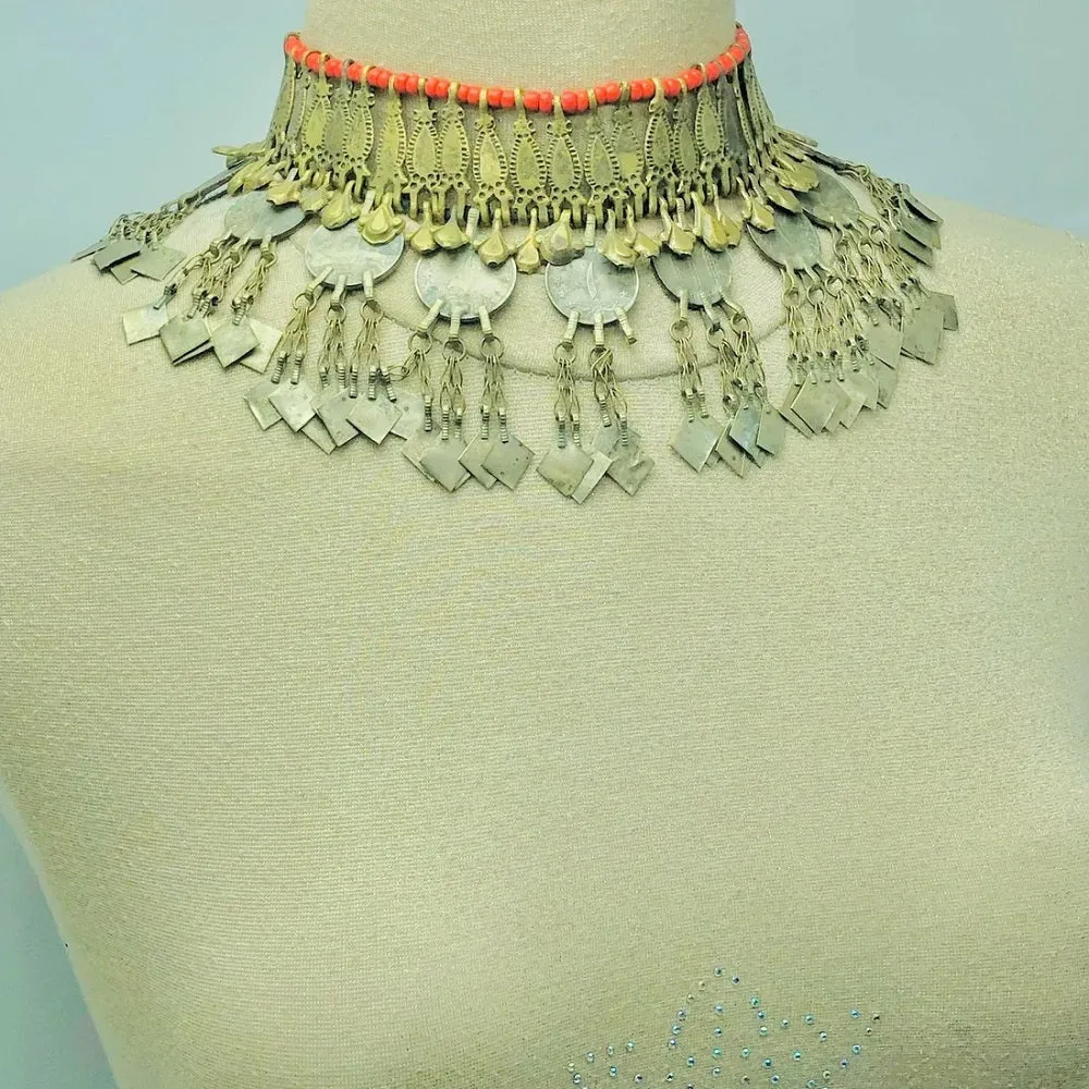 Rustic Choker Necklace with Golden Metal Motifs and Vintage Coins