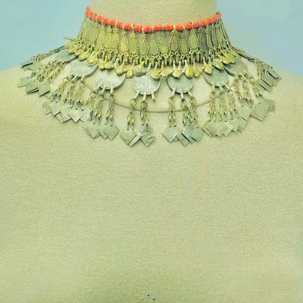 Rustic Choker Necklace with Golden Metal Motifs and Vintage Coins