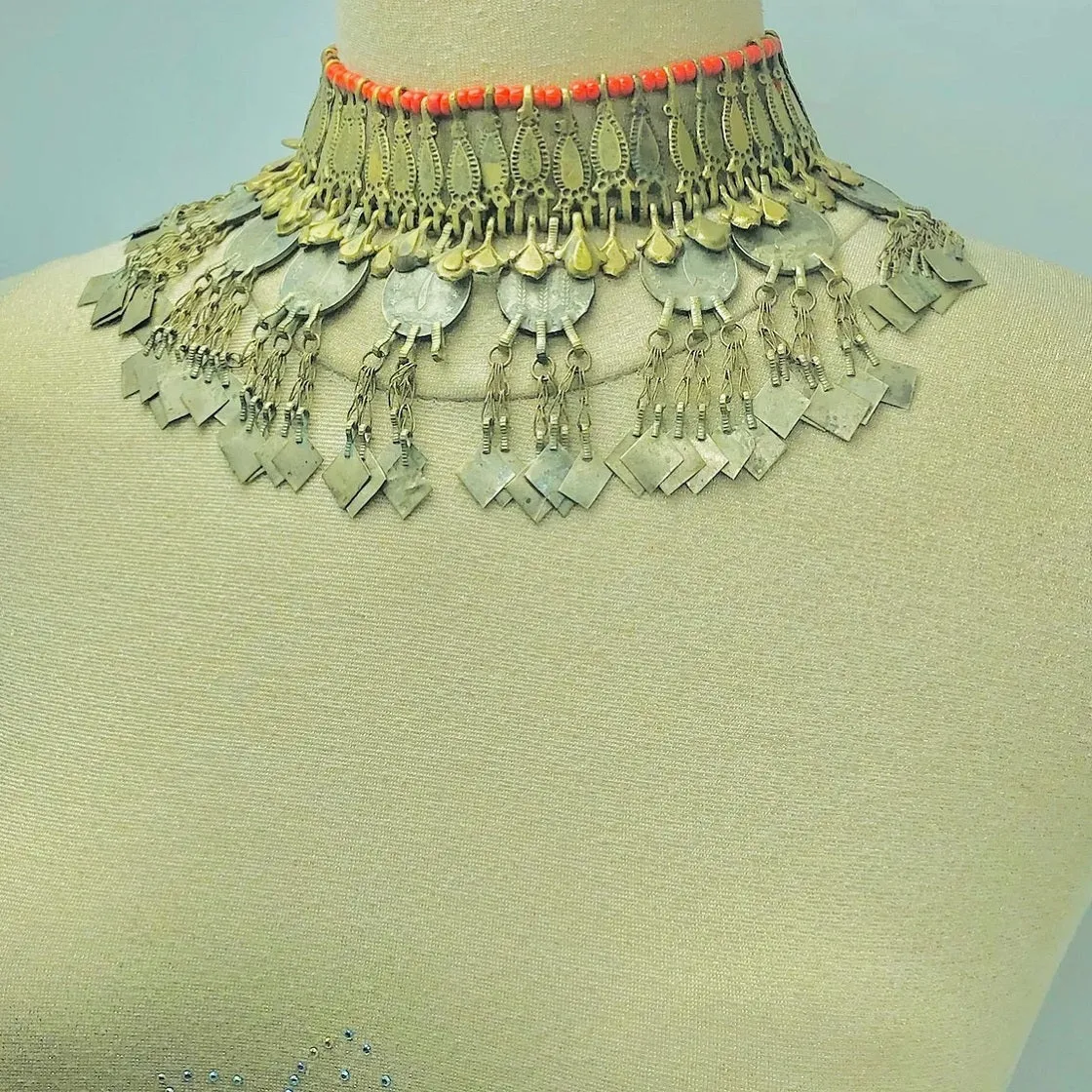 Rustic Choker Necklace with Golden Metal Motifs and Vintage Coins