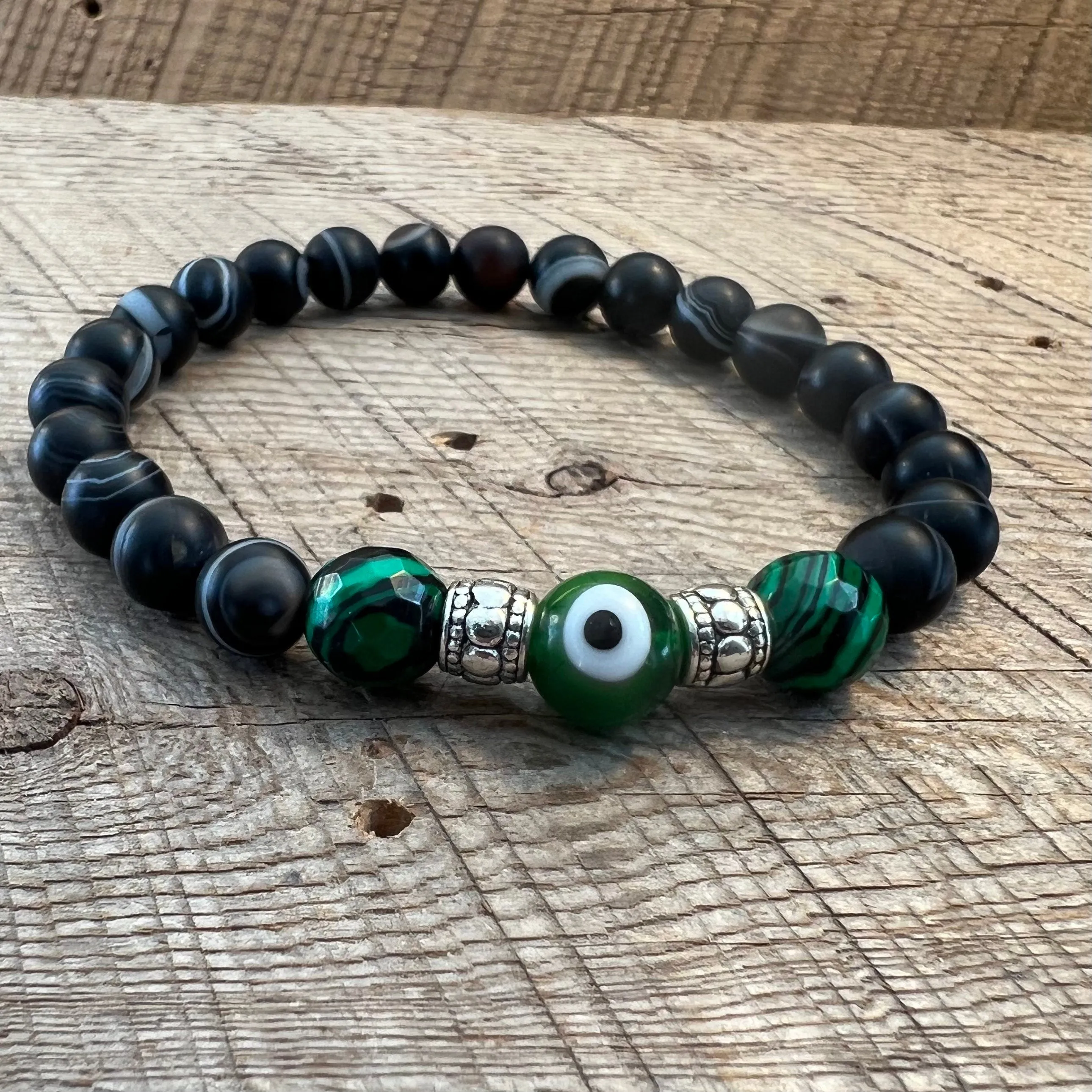 SariBlue® Dark Green Fordite with Striated Matte Black Agate & Green Evil Eye Bead Bracelet