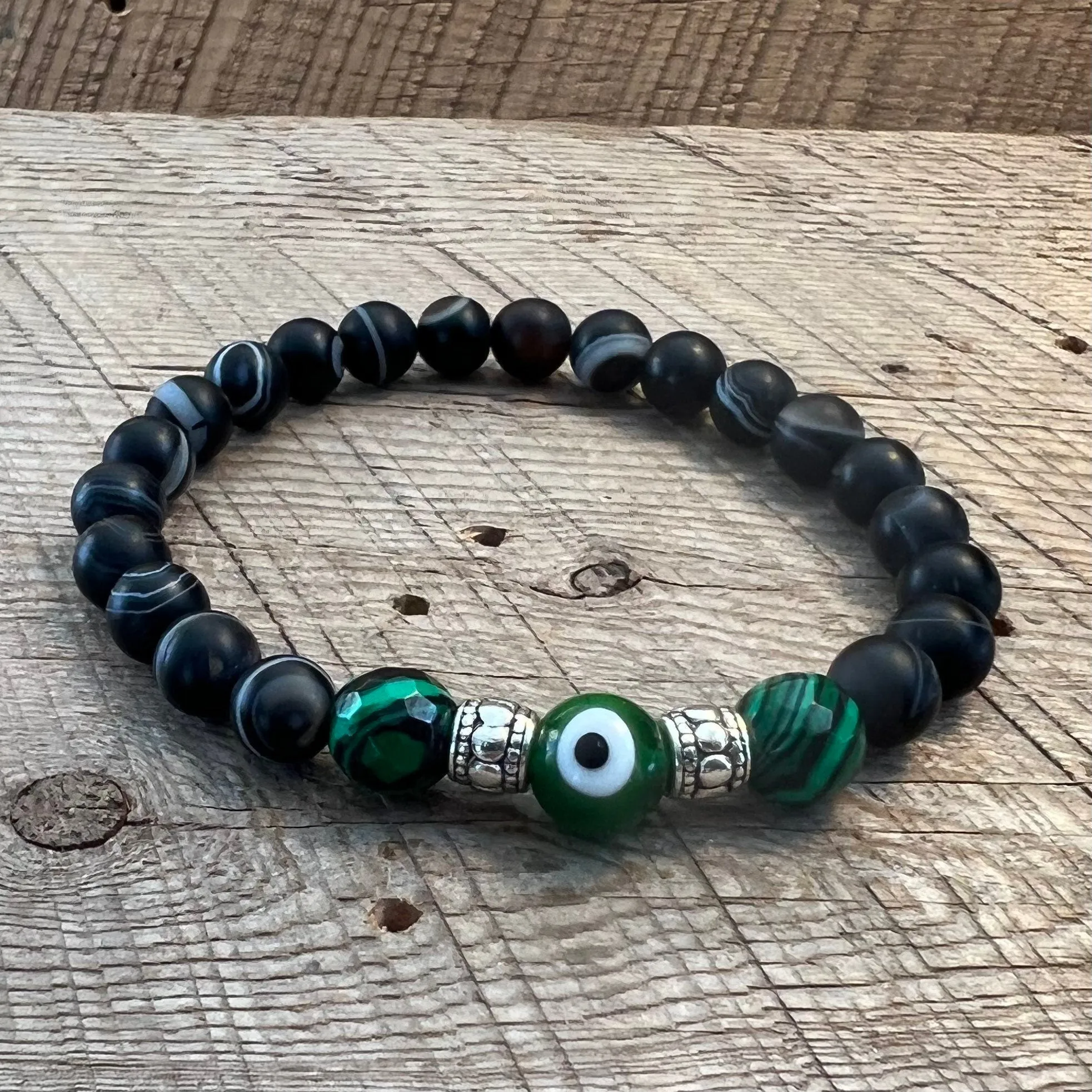 SariBlue® Dark Green Fordite with Striated Matte Black Agate & Green Evil Eye Bead Bracelet