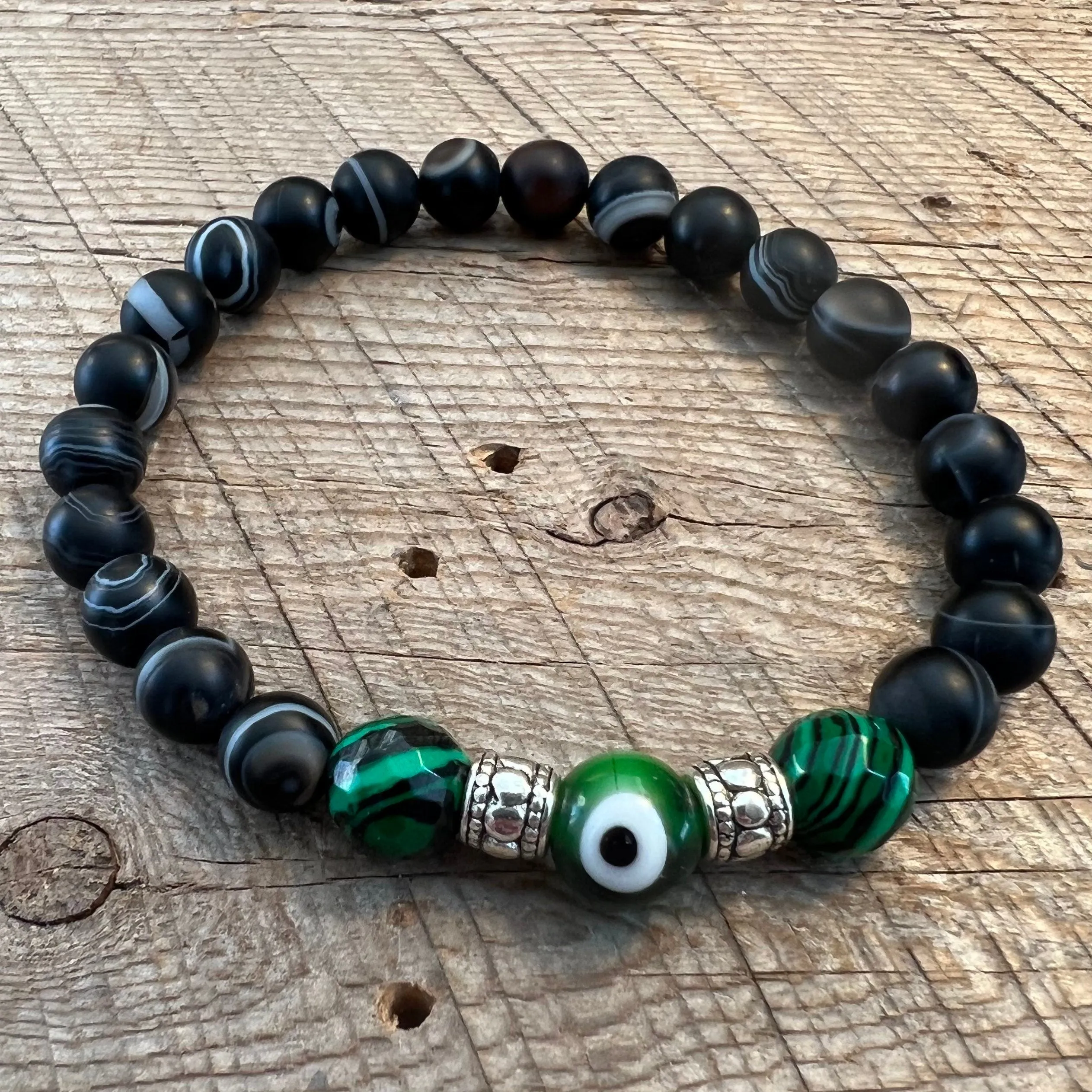 SariBlue® Dark Green Fordite with Striated Matte Black Agate & Green Evil Eye Bead Bracelet