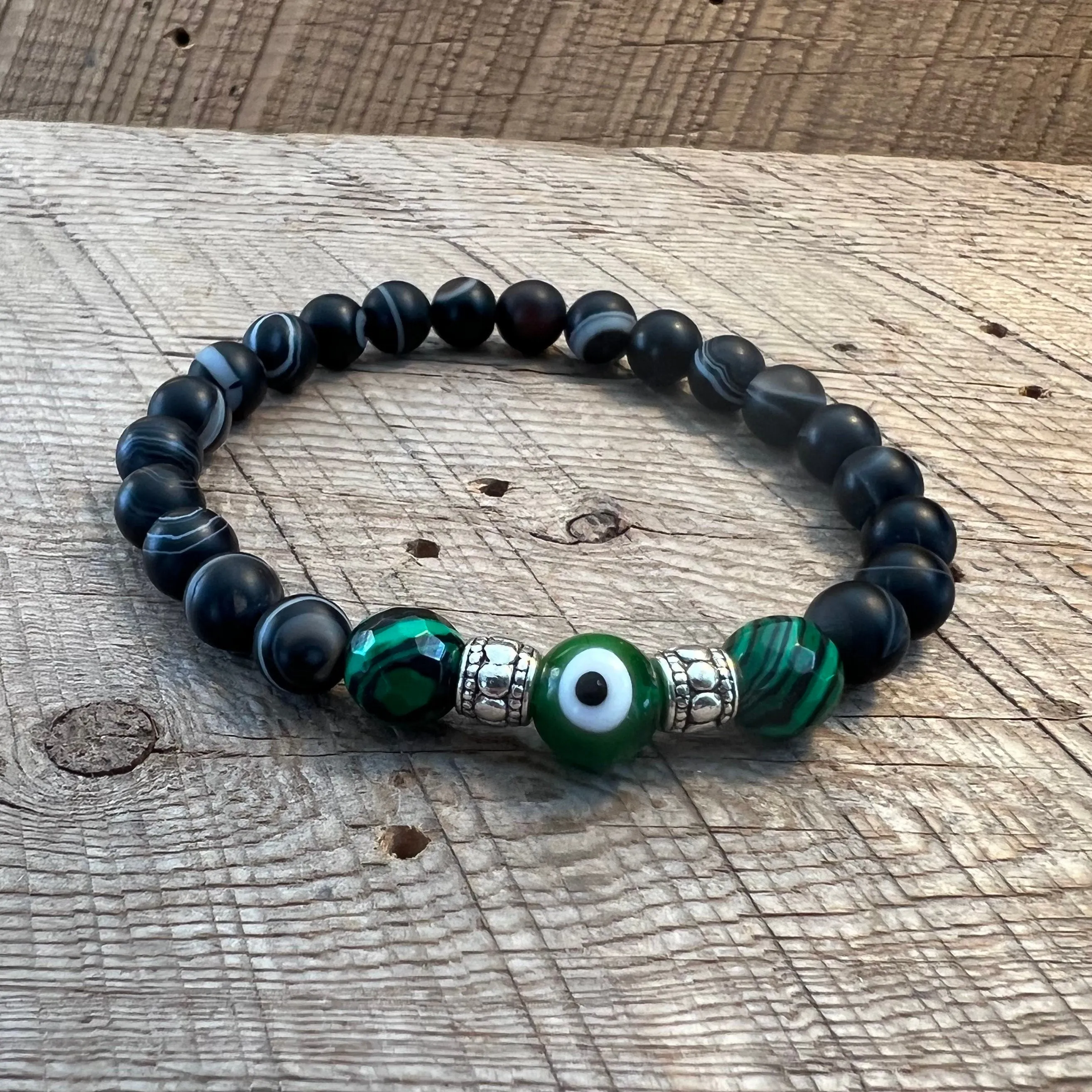 SariBlue® Dark Green Fordite with Striated Matte Black Agate & Green Evil Eye Bead Bracelet