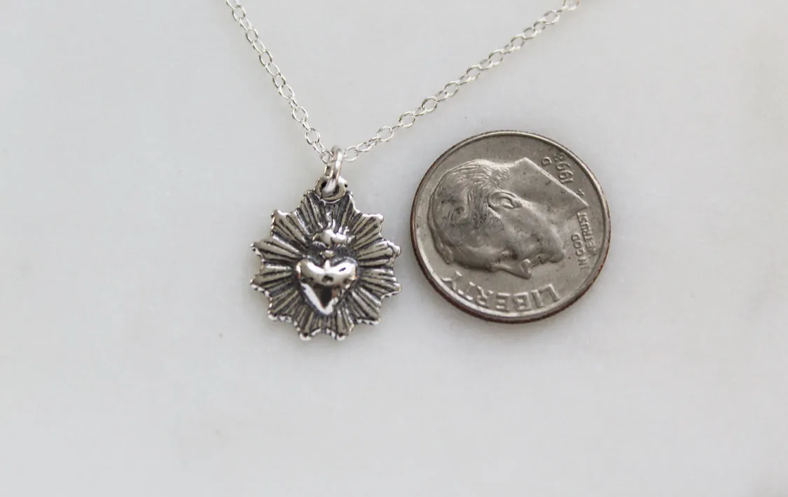 Scalloped Sacred Heart Necklace in 925 Sterling Silver (Oxidized version)