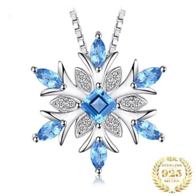 Snowflake Natural Swiss Blue Topaz Pendant Necklace 925 Sterling Silver Gemstones Choker Statement Necklace For Women