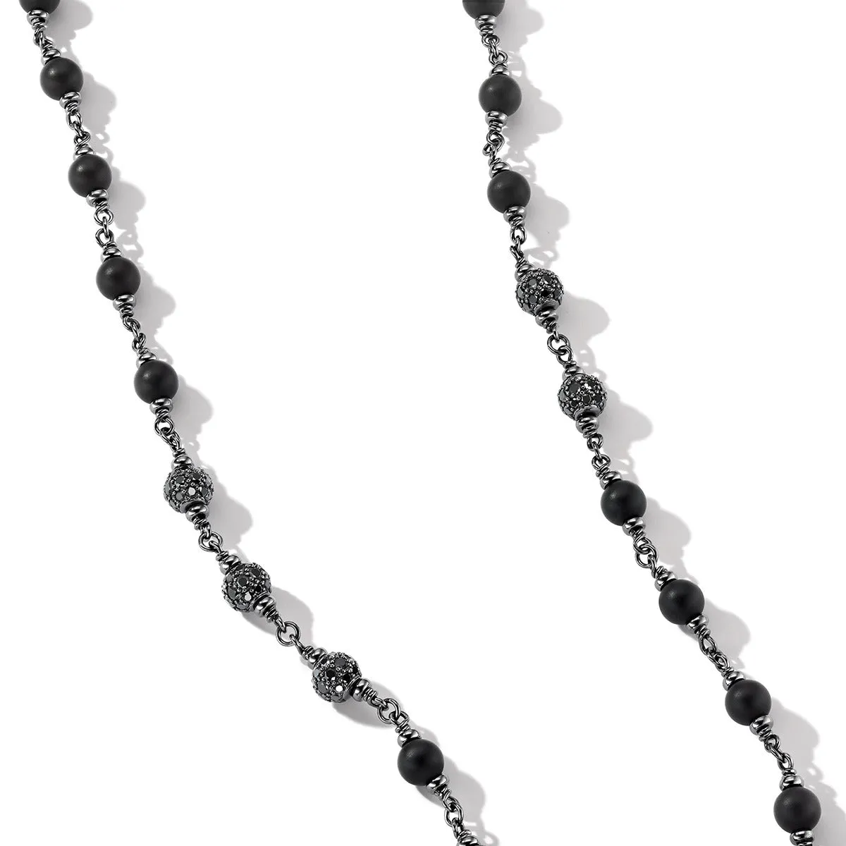 Spiritual Beads Rosary Necklace in Sterling Silver with Black Onyx and Pave Black Diamonds