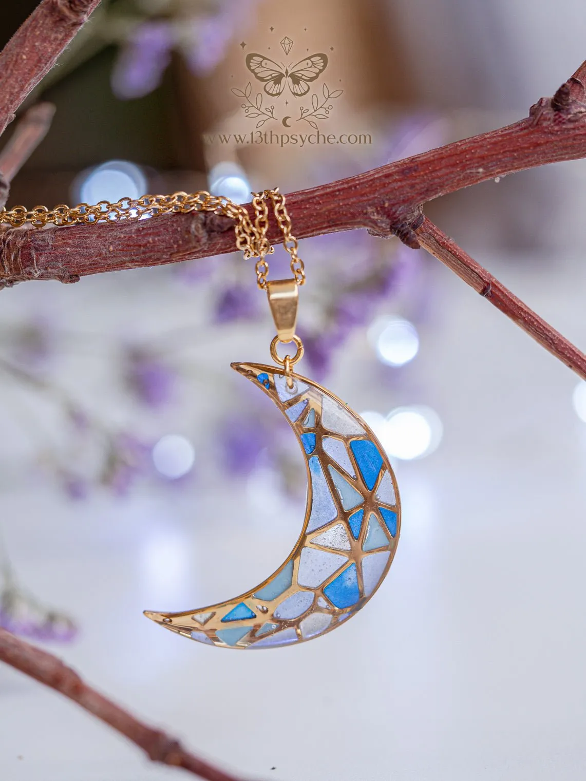 Stained glass inspired blue moon pendant necklace