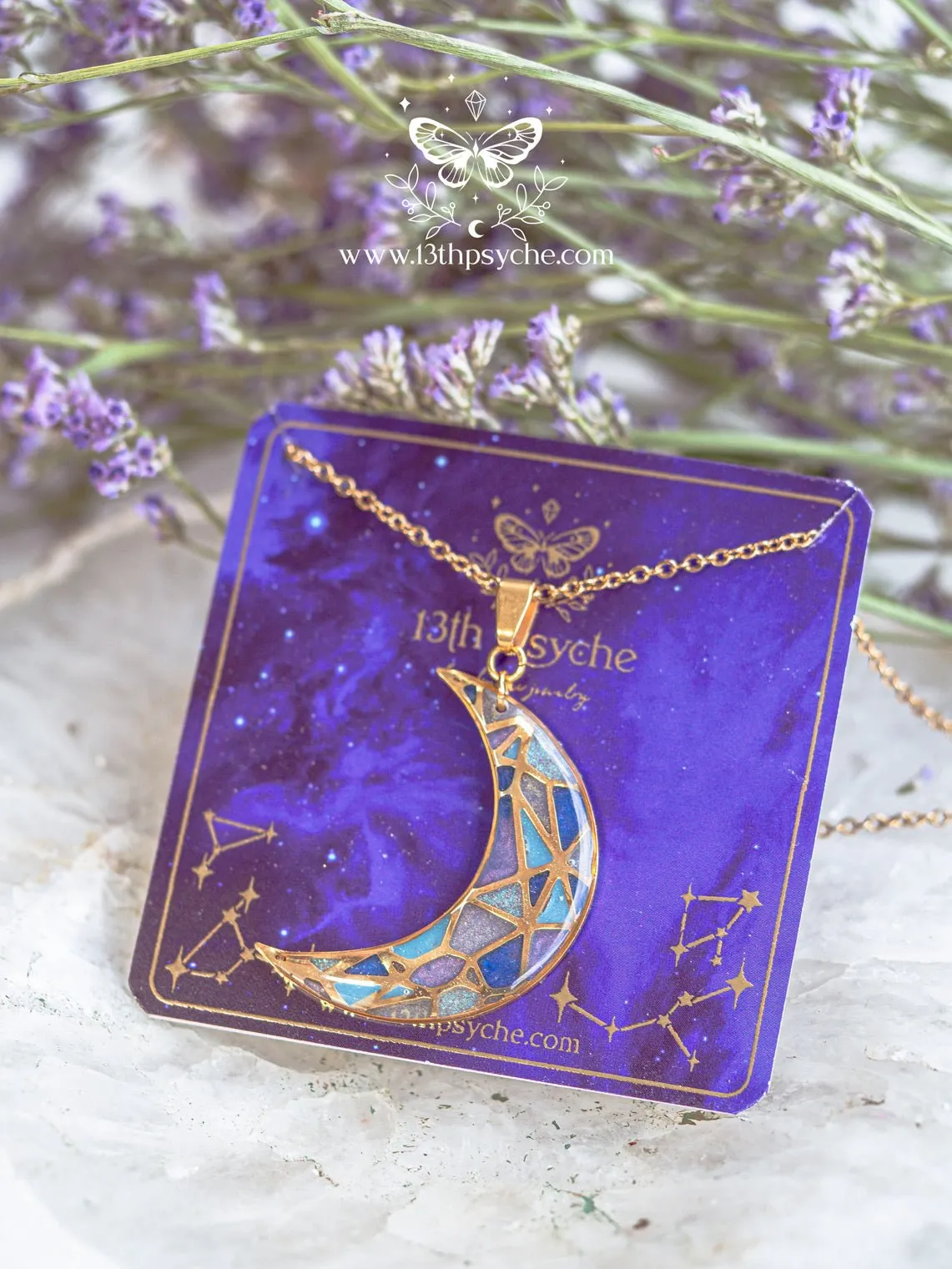 Stained glass inspired blue moon pendant necklace