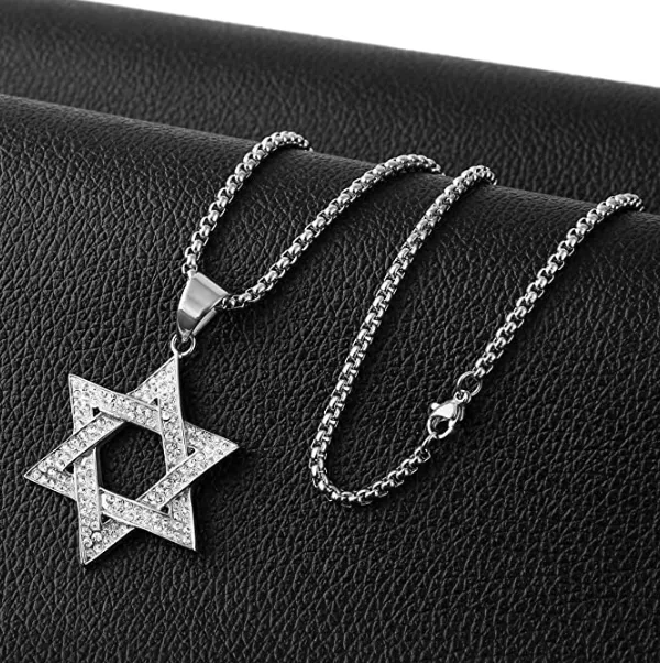 Star Of David Necklace Star Chain Jewish Star Necklace Hebrew 6 Point Star Silver Diamond Stainless Steel 24in.