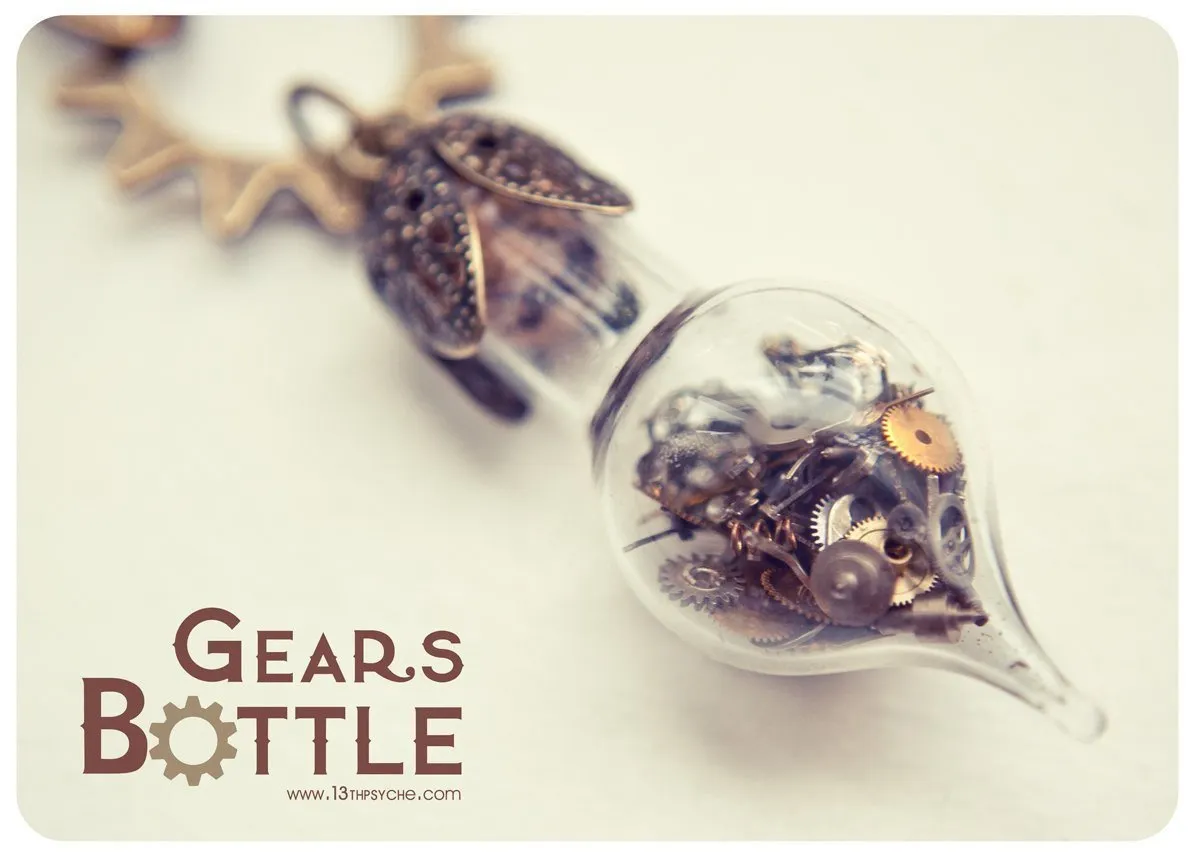 Steampunk gears teardrop vial pendant necklace