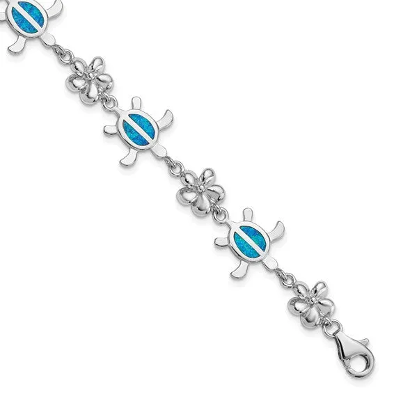 Sterling Silver 7in Created Blue Opal Inlay Sea Turtle Plumeria Bracelet