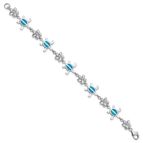 Sterling Silver 7in Created Blue Opal Inlay Sea Turtle Plumeria Bracelet