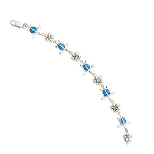 Sterling Silver 7in Created Blue Opal Inlay Sea Turtle Plumeria Bracelet