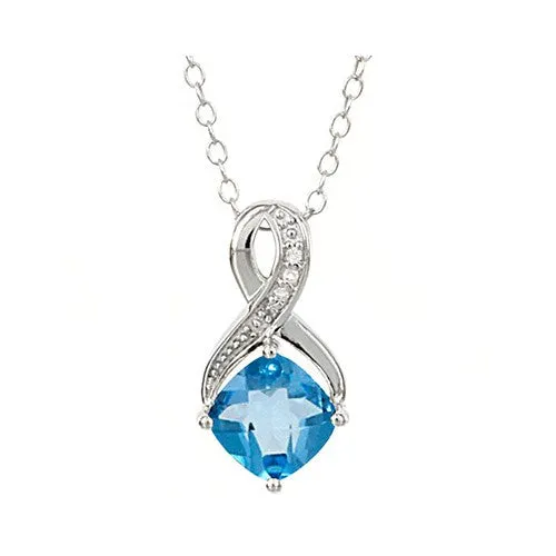 Sterling Silver Cushion Cut Swiss Blue Topaz & Diamond Pendant 18" Necklace