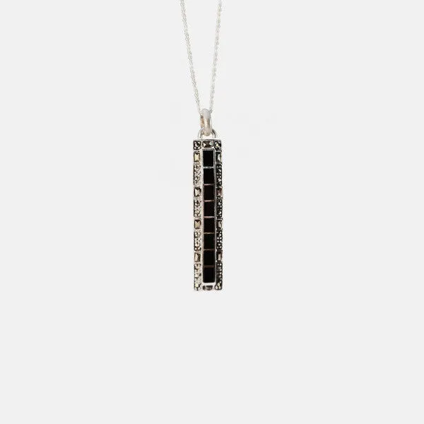 Sterling Silver Marcasite Onyx Bar Pendant Necklace