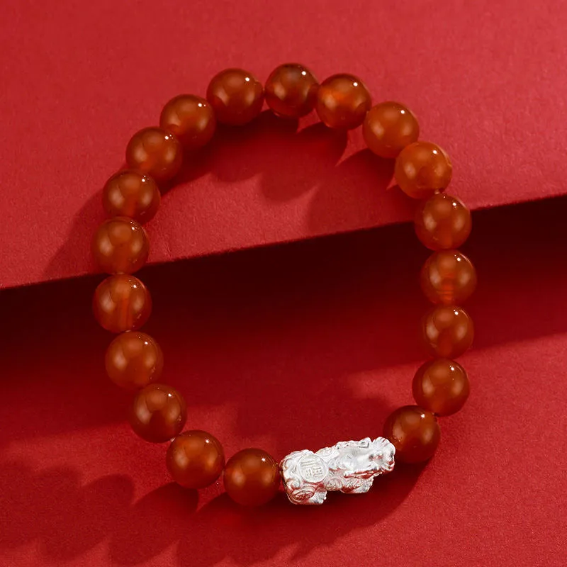 Sterling Silver Pixiu Bracelet with Natural Red Agate - Elegant Gift for Mother