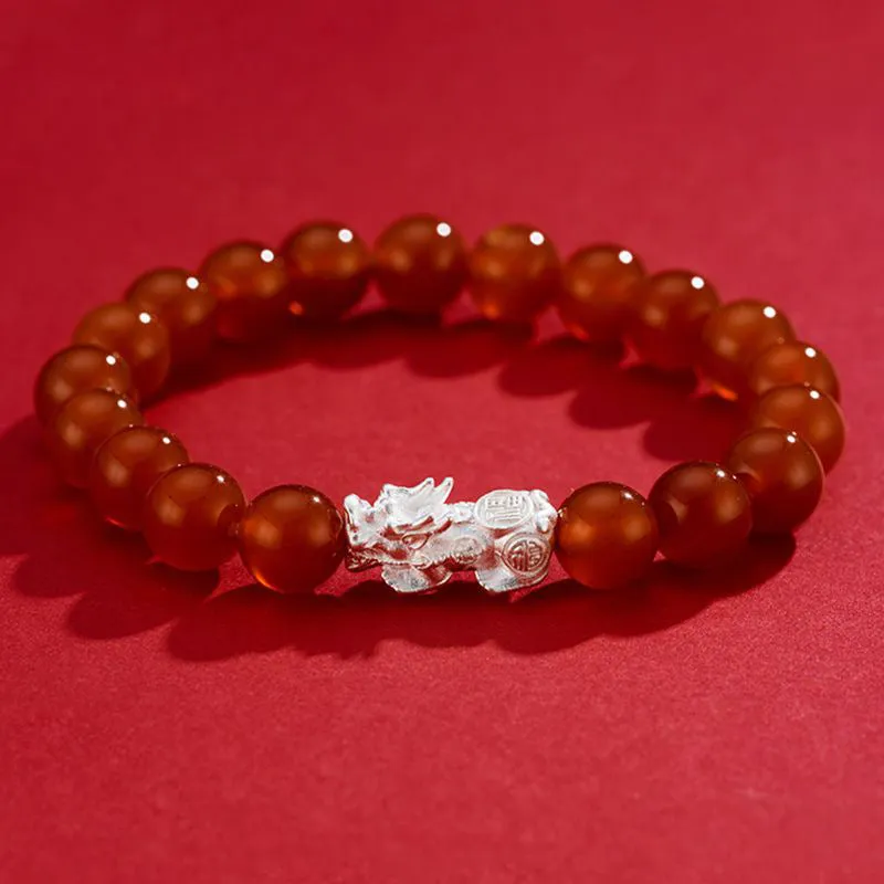 Sterling Silver Pixiu Bracelet with Natural Red Agate - Elegant Gift for Mother