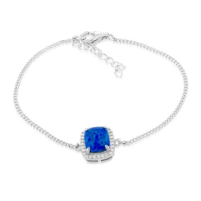 Sterling Silver Rhodium Plated Rectangle Created Blue Opal And White Zirconia 15.5 3cm Bracelet