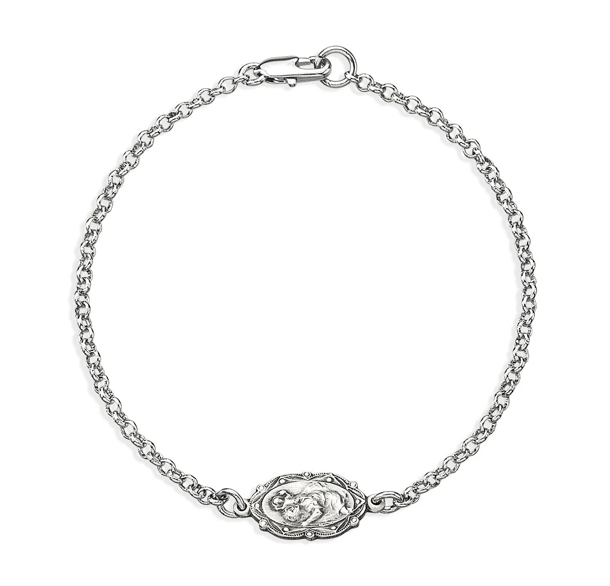 Sterling Silver Saint Christopher Medal on Platinum Plated Rolo Chain Bracelet 7 1/2" - BRS3604R