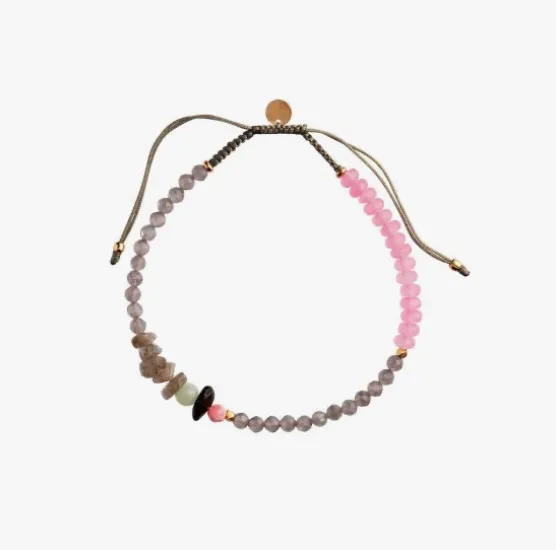 STINE A - Harmony Bracelet with Calm Grey & Pink Gemstones and Khakigrey Ribbon