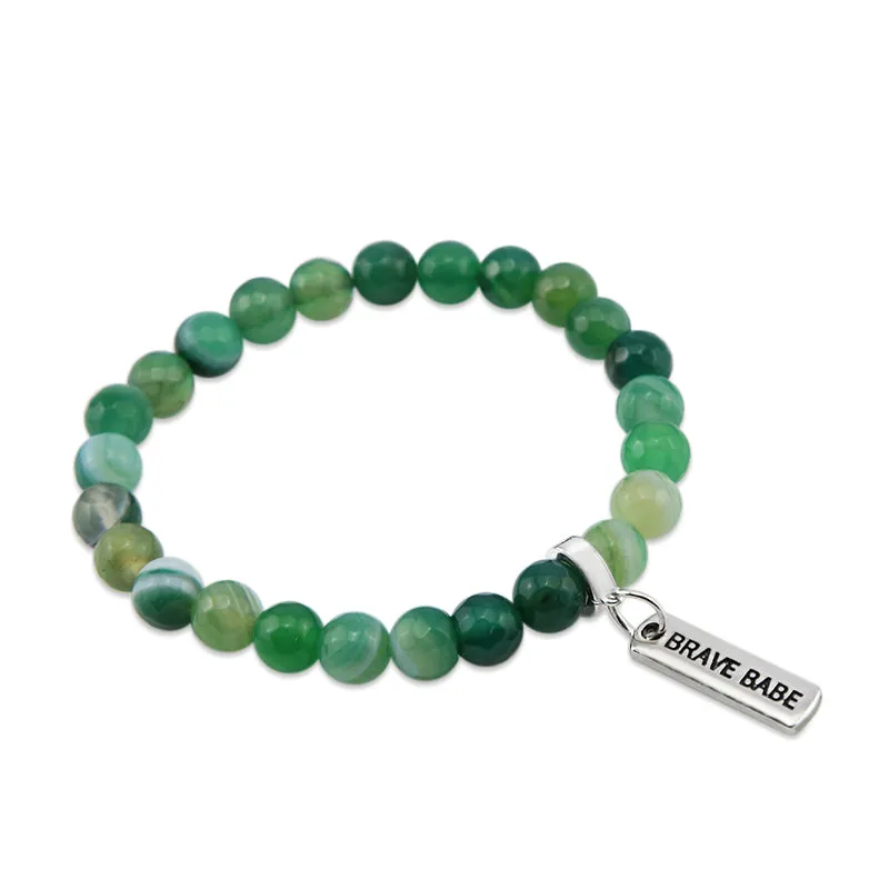 Stone Bracelet - Emerald Green Faceted Agate 8mm Beads - With Silver Word Charms