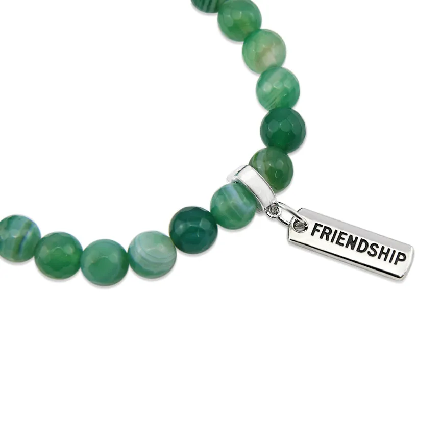 Stone Bracelet - Emerald Green Faceted Agate 8mm Beads - With Silver Word Charms