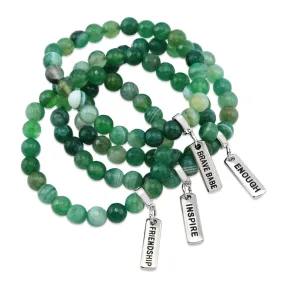 Stone Bracelet - Emerald Green Faceted Agate 8mm Beads - With Silver Word Charms