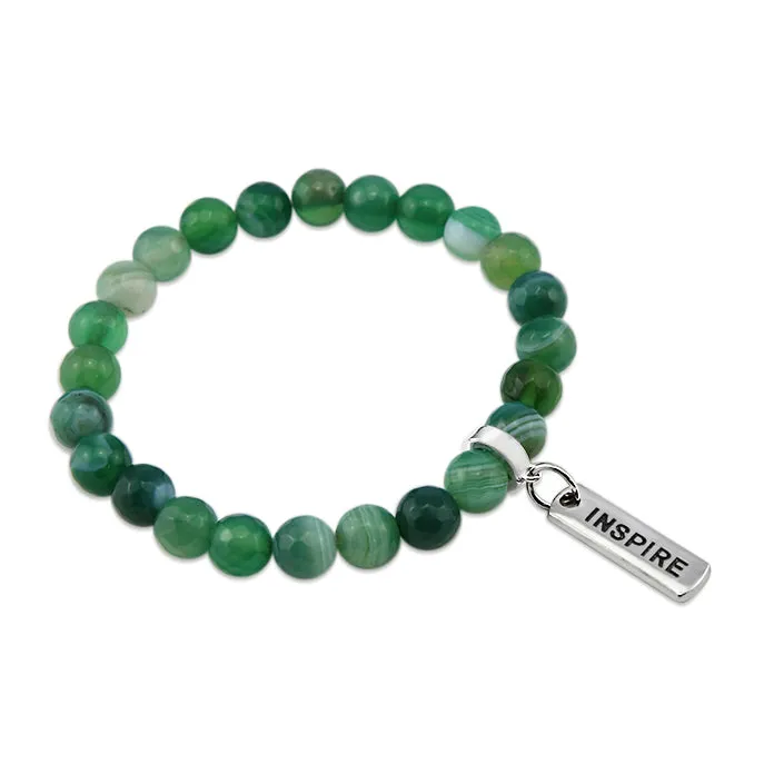 Stone Bracelet - Emerald Green Faceted Agate 8mm Beads - With Silver Word Charms