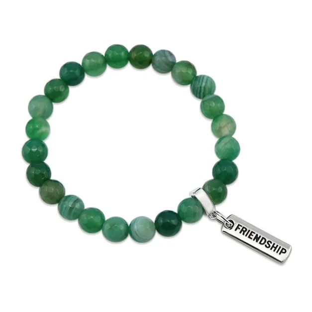 Stone Bracelet - Emerald Green Faceted Agate 8mm Beads - With Silver Word Charms